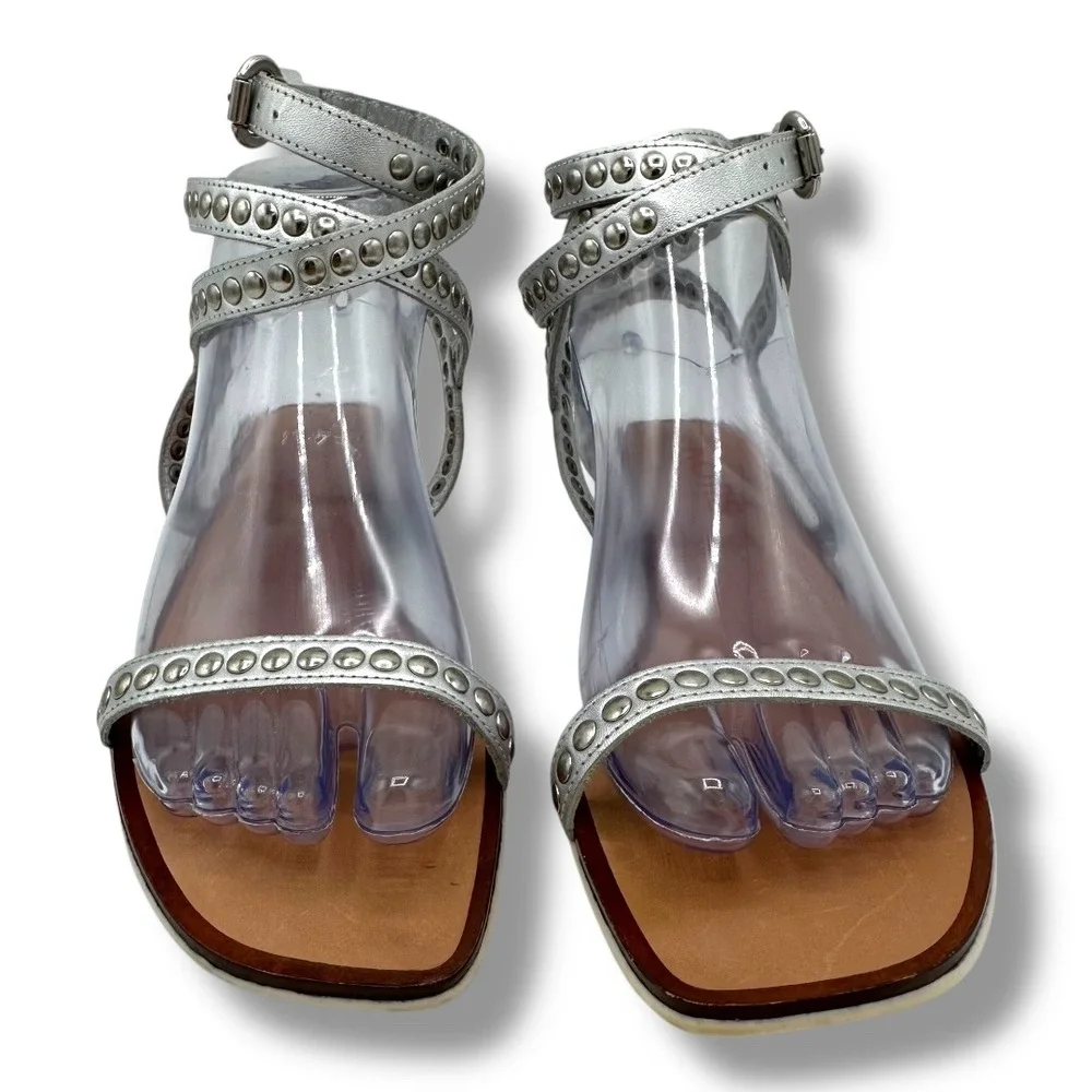 MICHAEL KORS Silver Studded Ankle Strap Flat Sandals Women's‎ Size 9